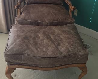 Louis XV Style Leather Armchair and Ottoman