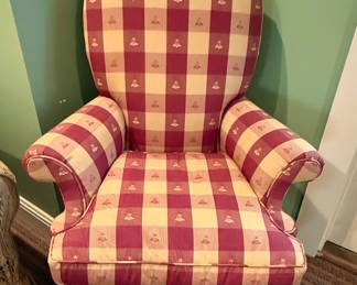 Wingback Armchair with Red and Cream Gingham and Bee Motif Upholstery