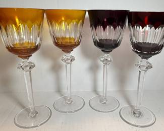 Set of 4 Overlay Crystal Wine Glasses - Amber and Ruby