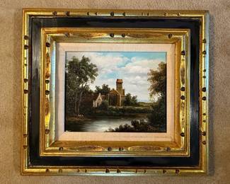 Signed Landscape Painting with Castle and River