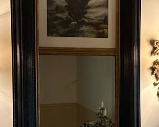 Ornate Black and Gold Framed Mirror with "Spirited Horses" Print