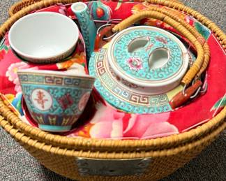 Chinese Porcelain Tea Set in Woven Basket