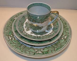Green Asian Motif Tea Cup and Saucer Set in Wedgwood Florentine Verde Style