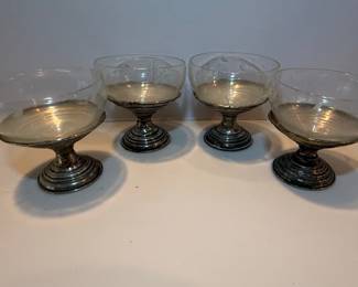 Set of Four Duchin Creation Silverplate Footed Compote Dishes with Etched Glass