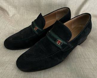 Gucci Black Suede Loafers with Green and Red Stripe Detail