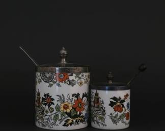 Royal Norfolk Staffordshire Jam Jar with Silverplate Lid  Spoon