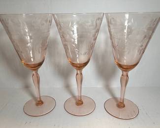 Pink Depression Glass Etched Floral Wine Glasses - Morgantown Style