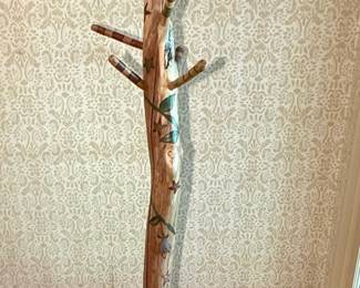 Folk Art Tree Trunk Coat Rack with Inspirational Phrases