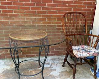 Vintage Wicker and Glass Top Bistro Table with Windsor Style Armchair