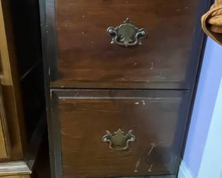 Vintage Two-Drawer Mahogany or Walnut Filing Cabinet with Ornate Brass Hardware