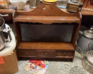 Vintage Wooden Wall Shelf with Mirror and Drawers