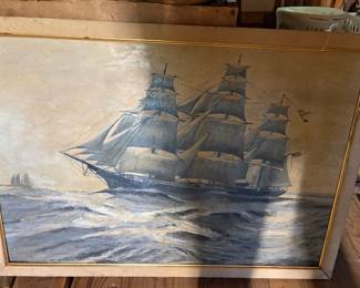 Vintage Oil Painting of a Tall Ship at Sea