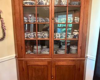 Antique Cherry Corner Cabinet with Blue and White Porcelain Collection