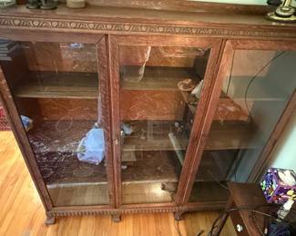 Antique R.J. Horner Style Carved Oak Triple Door Bookcase