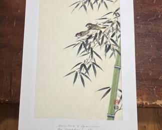 Bamboo and Sparrows Woodblock Print by Nisaburo Ito on Silk