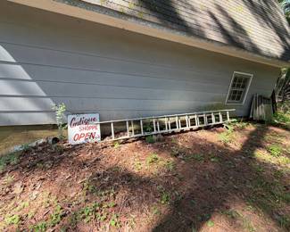 Antique Shoppe Open Sign and Aluminum Ladder