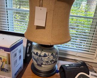 Antique Chinese Blue and White Porcelain Ginger Jar Table Lamp with Burlap Shade