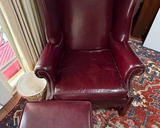 Hickory Chair Co. Burgundy Leather Wingback Chair and Ottoman