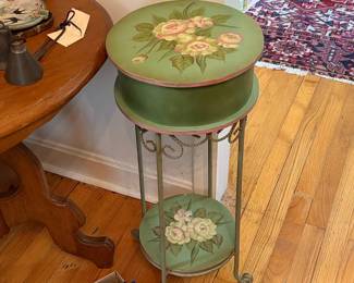 Hand-Painted Floral Motif Tiered Plant Stand