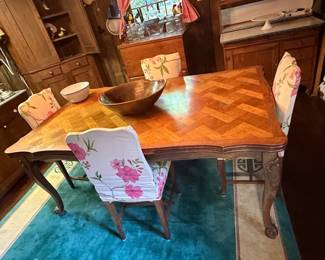 Antique French Louis XV Style Parquet Top Dining Table with Floral Upholstered Chairs