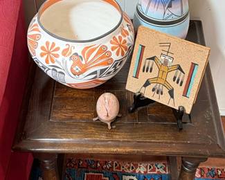 Acoma Polychrome Pottery Bowl and Vase Set with Tile and Stone Egg