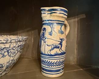 Blue and White Earthenware Pitcher with Figural Decoration
