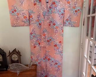Vintage Peach Silk Kimono with Floral and Cloud Pattern