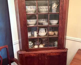 Antique Cherry Wood Corner Cabinet with Blue and White Earthenware