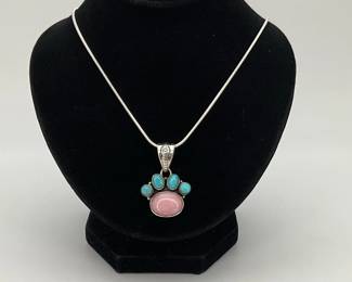 Pink Conch Shell and Turquoise Sterling Pendant and Necklace