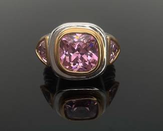 Silver Ring with Gold Accents and Pink Stones