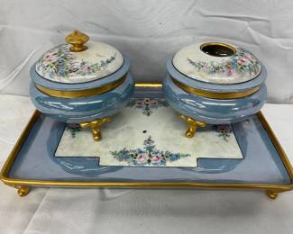 3-Piece Hand-Painted Blue Limoges Porcelain Dresser Set with Artist Initials