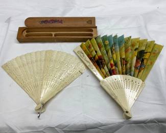 Two Decorative Folding Fans with Wooden Storage Box