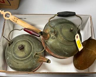 Vintage Copper and Brass Tea Kettles with Wooden Handles and Brass Strainer