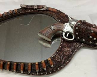 Western-Style Mirror with Tooled Leather Frame and Removable Pistol