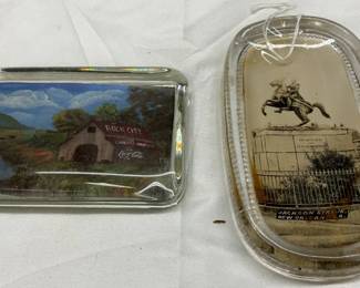 Two Clear Glass Paperweights with Scenic Inserts