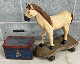 Painted Wood Horse-on-Wheels Toy with George Washington Cut Plug Tobacco Tin