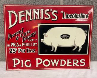 Emb. Dennis’s ‘Lincolnshire’ Pig Powders Enamel Advertising Sign, 14×10 