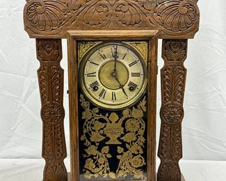 Carved Wood Case Mantel Clock With Brass Dial and Reverse-Painted Glass