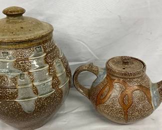 Stoneware Lidded Jar and Teapot with Glazed Drip Design