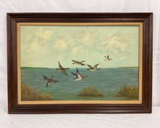 Framed Oil on Canvas Painting of Ducks in Flight by G. West, 29×19 Inch