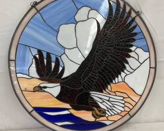 22″ Round Stained Glass Panel Featuring Bald Eagle in Flight