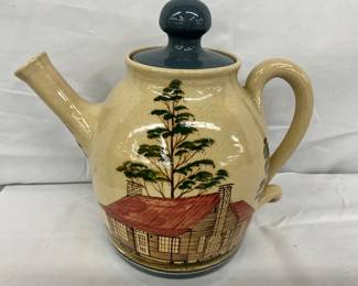 Hand-Painted Pottery Teapot with Cabin and Tree Scene, Signed and Dated Winton-Rosa Eugene 