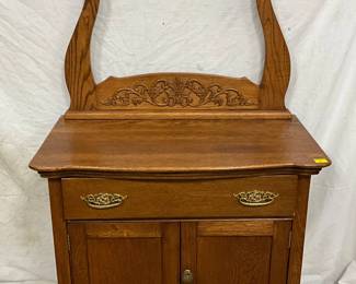 Oak Washstand With Towel Bar and Carved Backboard