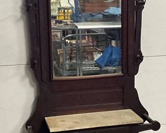 Carved Wooden Hall Tree with Mirror, Marble Shelf, and Cast Iron Drip Pans