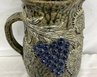Stoneware Pottery Pitcher by Clearer and Billie Meadows with Grapes Design, 9 Inches Tall