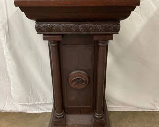 Wooden Pedestal Stand with Floral Carved Accents and Marble Top, 18×32