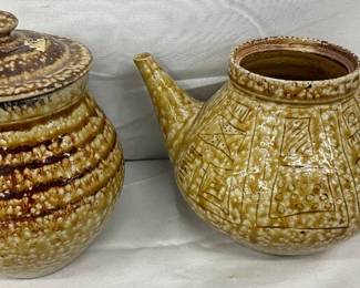 Stoneware Lidded Jar and Teapot with Glaze and Textured Designs