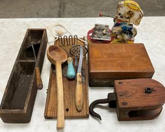 Vintage Wooden Kitchen Utensils, Tools, and Tin Toy