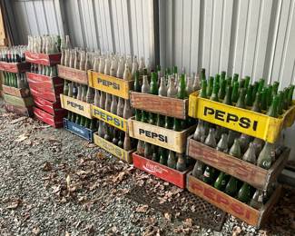 Vintage Coca-Cola, Pepsi, and Royal Crown Soda Crates with Glass Bottles