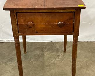 Early Wooden Table with Single Drawer and Turned Legs